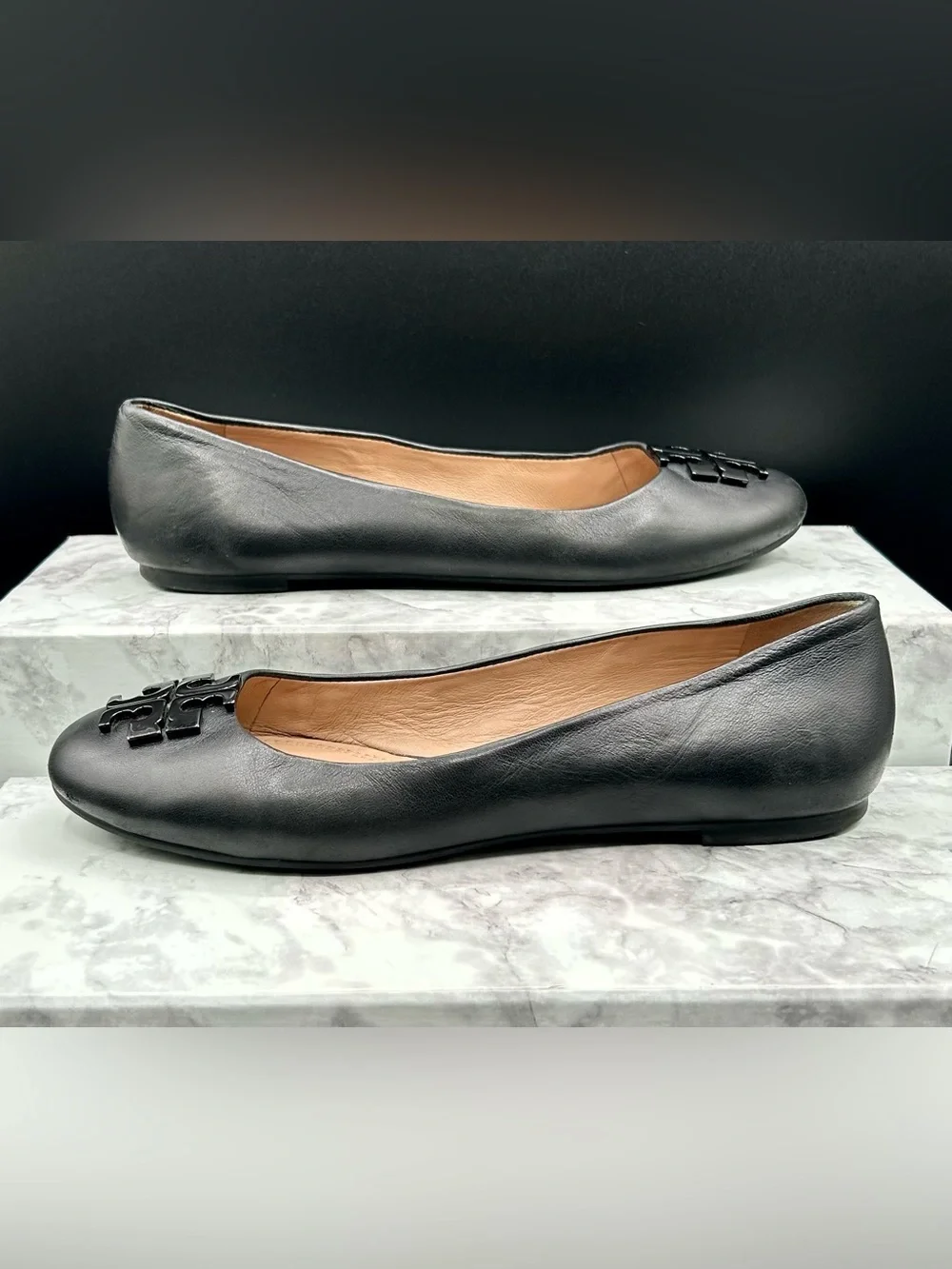 Tory Burch Black Leather Logo Ballet Flats